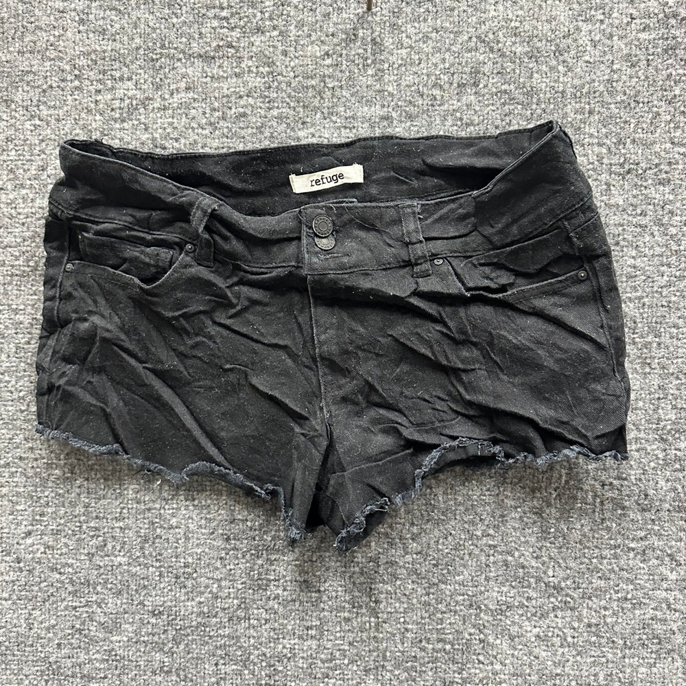 Refuge Shorts Womens Size 10 Black Denim Raw Hem Low Rise Casual Double Button